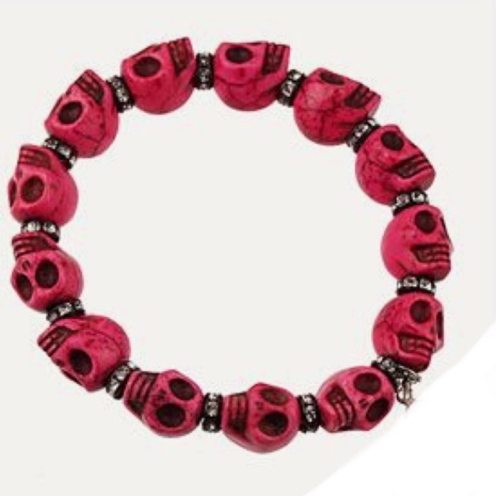 New Semi Precious Pink Skull Stretch Bracelet